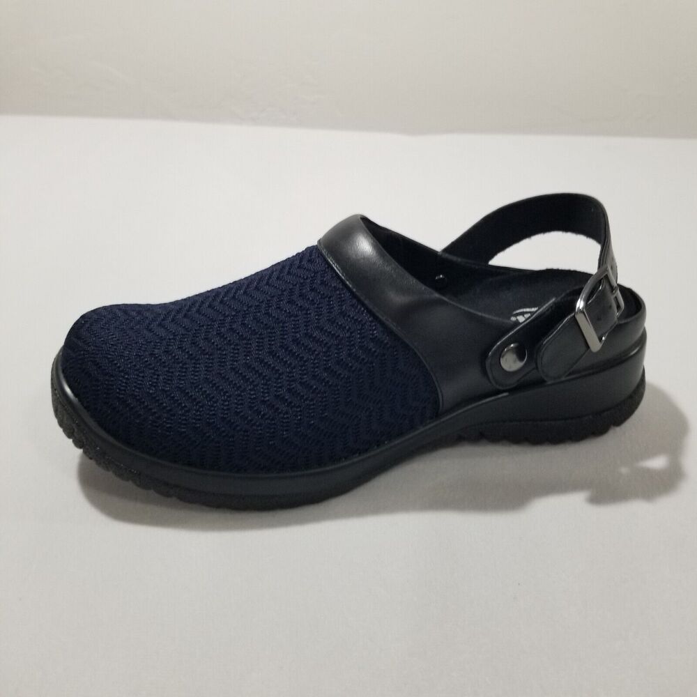 Drew Clogs 7.5 Savannah Black Shoes Womens Ankle Strap Navy Wavy Stretch NEW